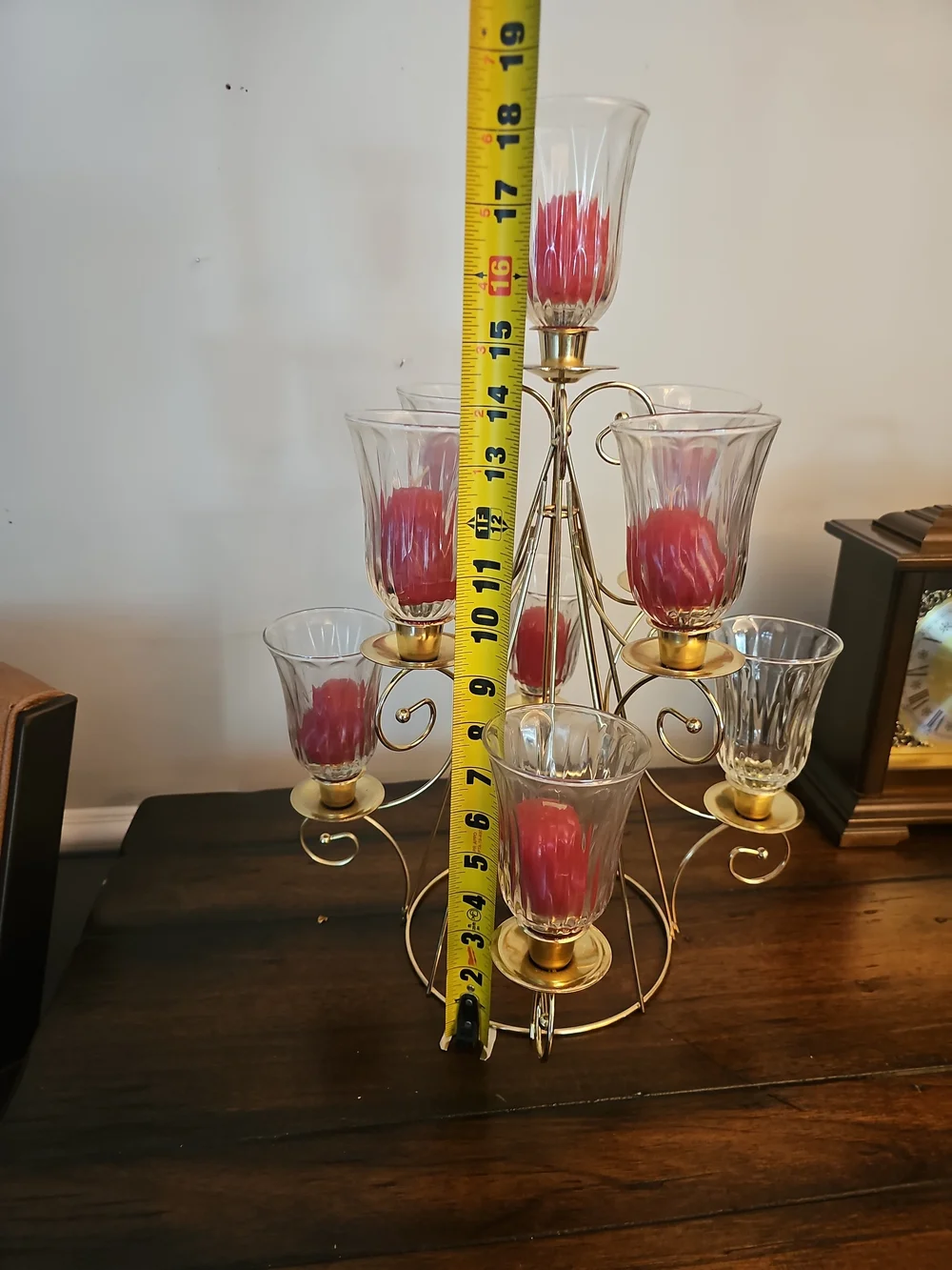 Home Interiors Gold Multi-Tier Candle Candelabra with Red Candles & Glass Shades